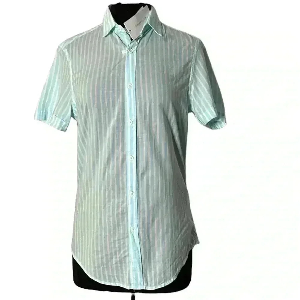 Denim & Flower Ricky Singh Light Blue White Striped Button Front Top Size S